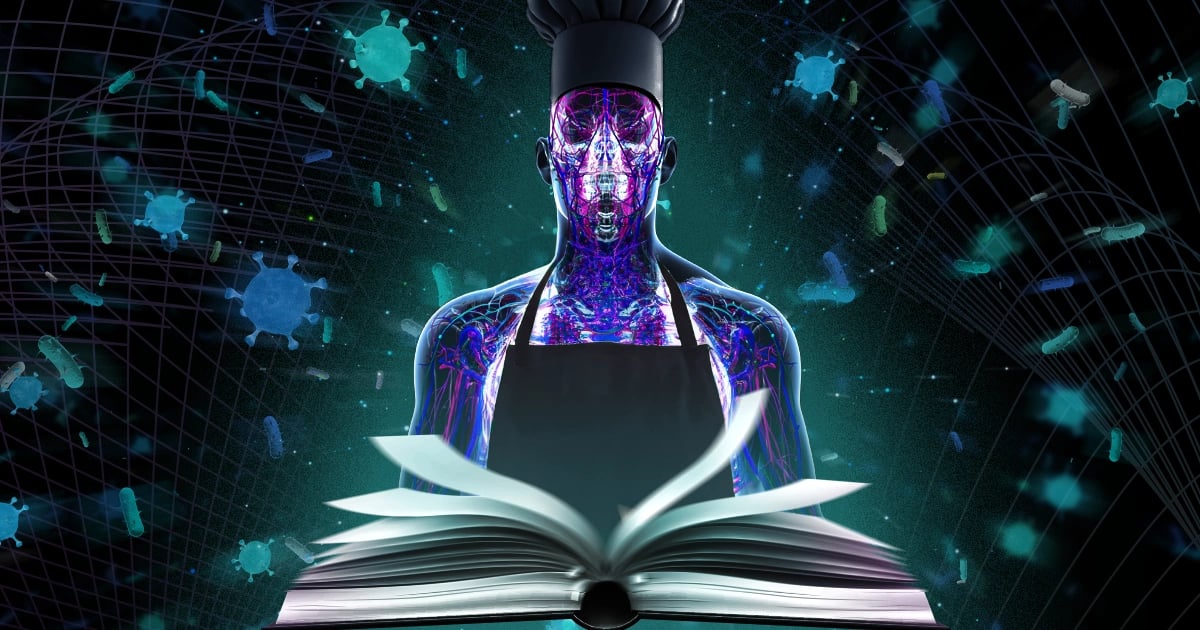 Transparent body of a chef looking into cookbook surrounded by parts of an immune system.
