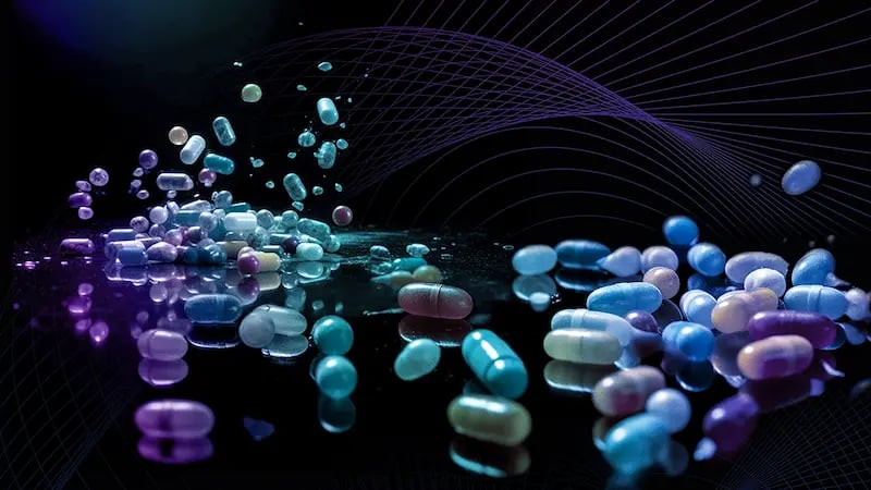 Black background with purple netting with antibiotic pills in shades of purple, blue, and green spilling out from top.