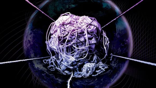 Purple spool of yarn on a dark background with planet earth floating behind it. Five strings of yarn are pulled out, representing interconnectedness. 